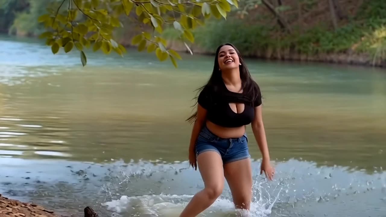 He jumped from the forest into the river, dancing.