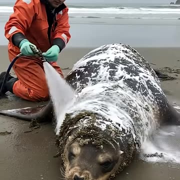 A baby sea lion sought help for its mom stuck in a tire