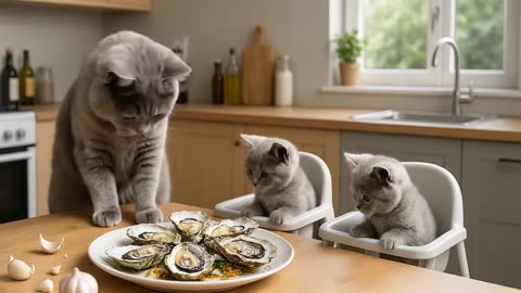 mama cat collects for oysters to cook grilled oysters, AI