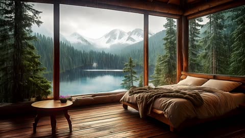 🌧️ Cozy Rain Sounds in Bedroom | Relaxing Window View of Lake, Pines & Snowy Mountains for Sleep