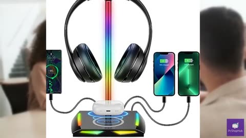 New bee RGB Headphone Stand with 2 USB-C & 1 USB Charging Ports, Desk Gaming Hea