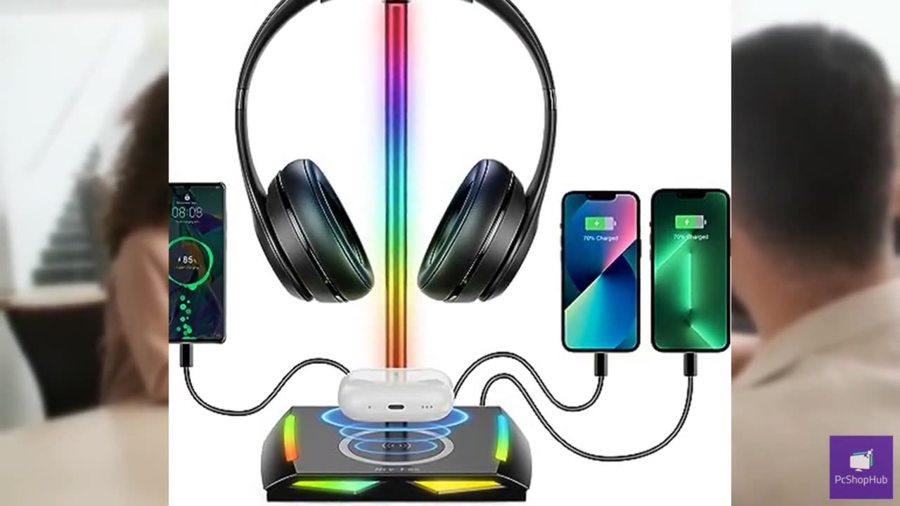 New bee RGB Headphone Stand with 2 USB-C & 1 USB Charging Ports, Desk Gaming Hea