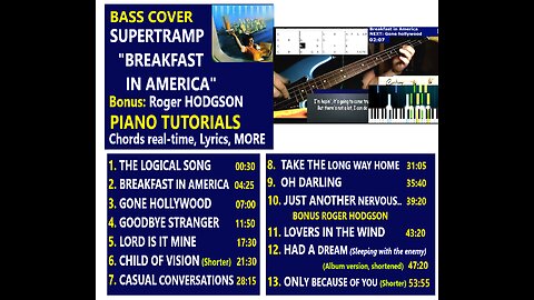 Bass cover SUPERTRAMP Album: "BREAKFAST" Plus: R.HODGSON _ 900 bass covers _ Chords real-time Lyrics