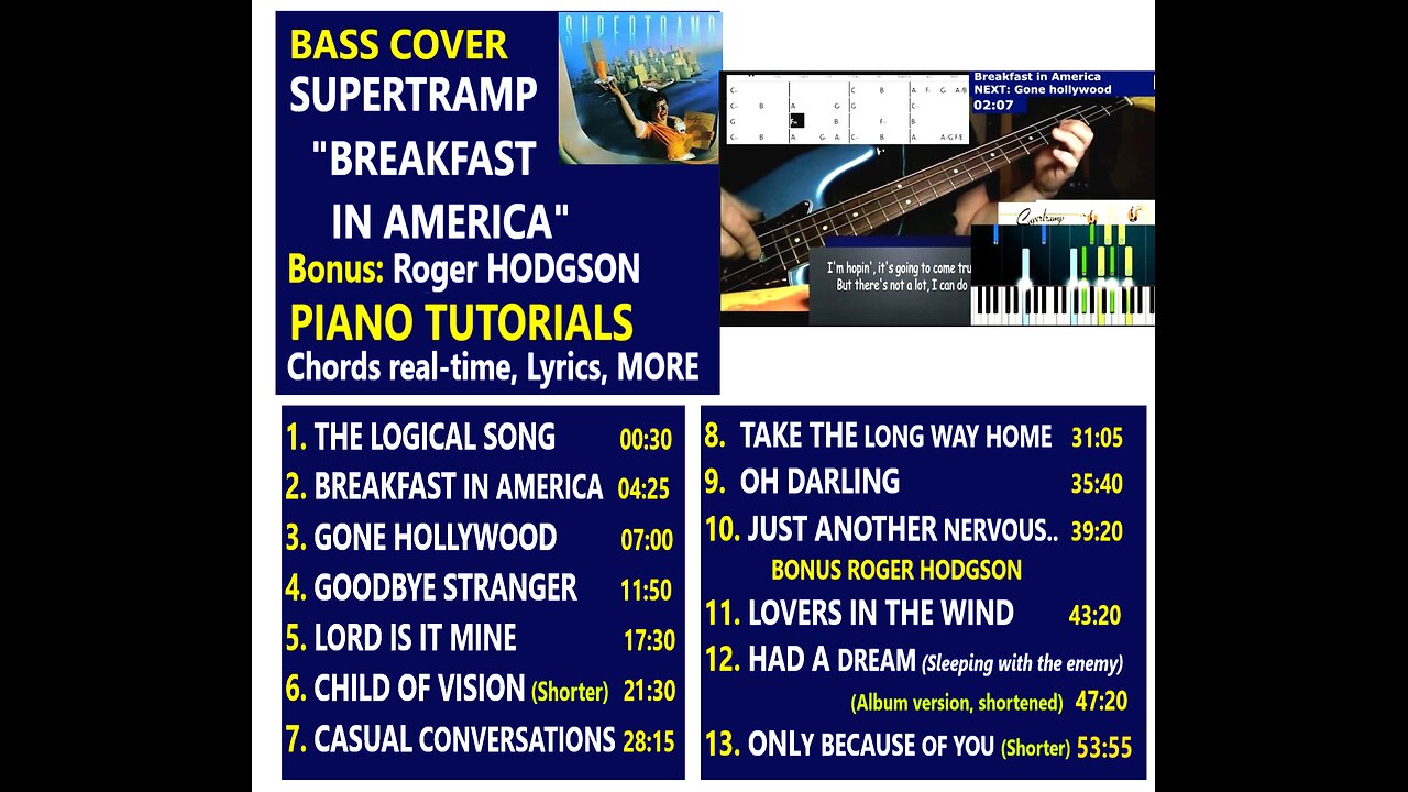Bass cover SUPERTRAMP Album: "BREAKFAST" Plus: R.HODGSON _ 900 bass covers _ Chords real-time Lyrics