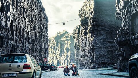 A couple wakes up and discovers all the buildings surrounded by strange black bricks