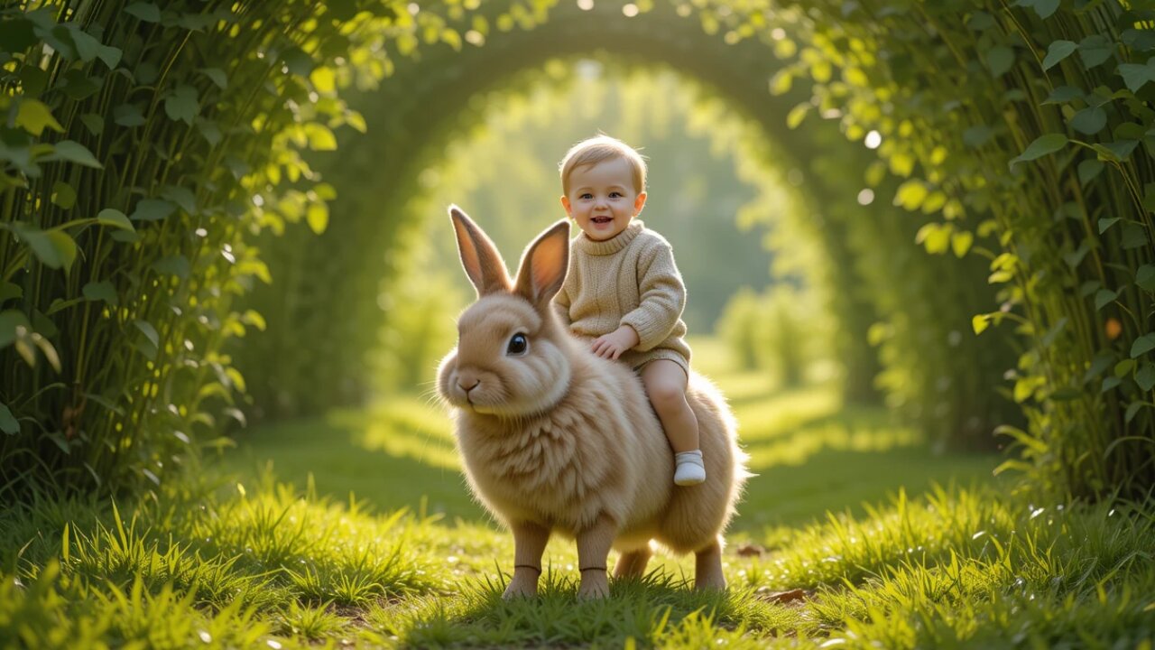 Baby's Adorable Ride on a Fluffy Bunny! 🐰👶🌼