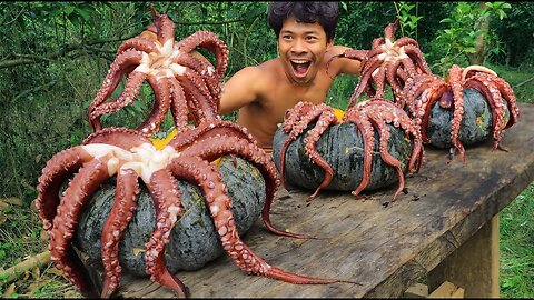 survival in the rainfores - cooking This meat is very delicious - cooking Squid 🐙 #cookingvlog