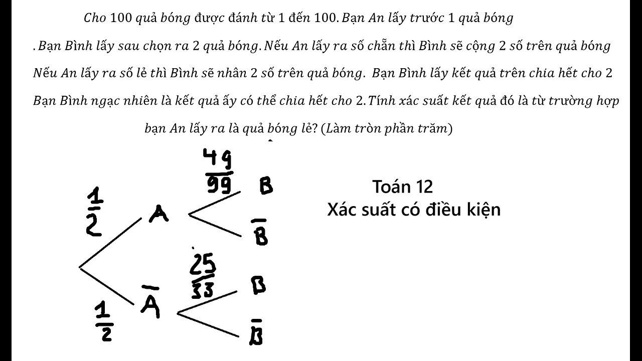 Toán 12: Xác suất có điều kiện: Cho 100 quả bóng được đánh từ 1 đến 100.Bạn An lấy trước 1 quả bóng