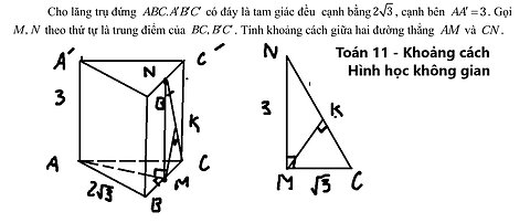 Toán 11: Cho lăng trụ đứng . ABC. A'B'C' có đáy là tam giác đều cạnh bằng 2√3, cạnh bên AA'= 3