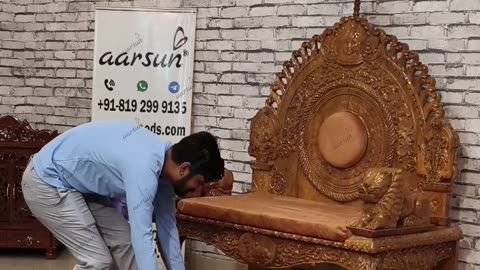 Royal Guru Ji Chair in Teak Wood | Divine Carvings of Ganesh Ji, Narayan & Surya Dev