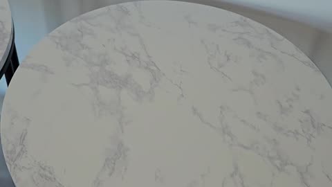 Pair Round Side Tables White Marble Colour Top Black Legs