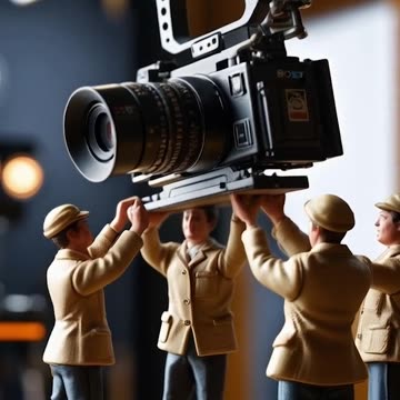 Miniature people standing around a camera 02 Ai Video Generator @NanoVisionsAI