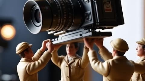 Miniature people standing around a camera 02 Ai Video Generator @NanoVisionsAI