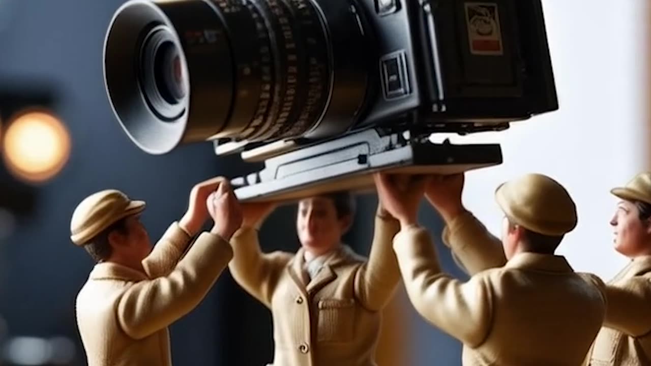 Miniature people standing around a camera 02 Ai Video Generator @NanoVisionsAI