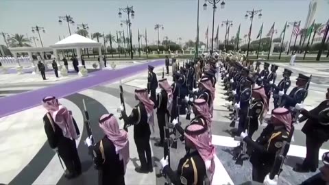 POTUS salutes as The Star-Spangled Banner is played outside the Saudi Royal Court in Riyadh