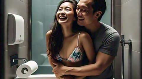 Asian girl in bikini at the kitchen with her white boyfriend