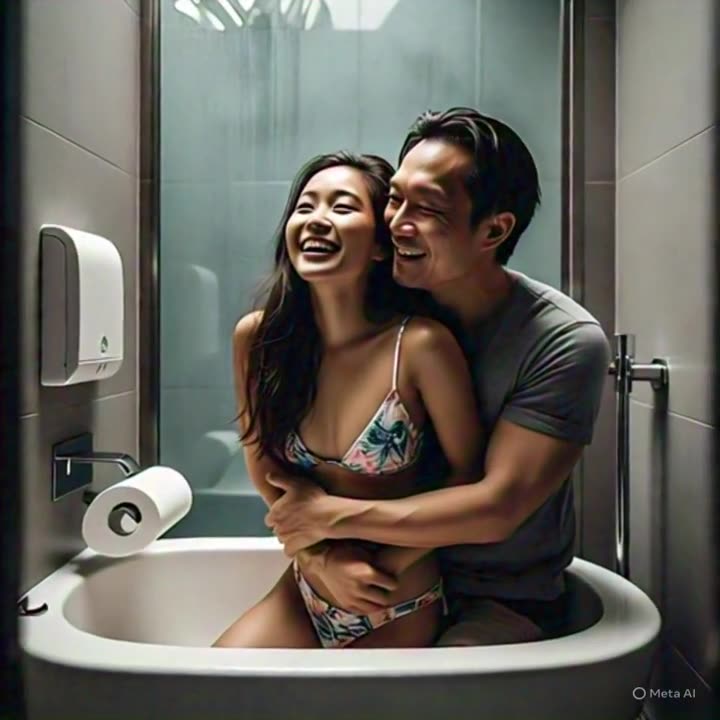 Asian girl in bikini at the kitchen with her white boyfriend