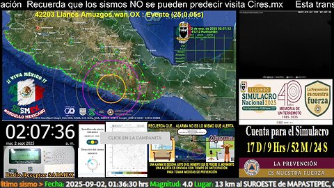 SISMO Magnitud 4.1 Loc 19 km al NOROESTE de OMETEPEC, GRO 02/09/25 #noameritoalerta #sasmex