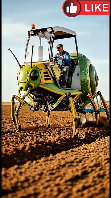 A tractor that looks like a worm is plowing a farmer's field. AI generate funny cartoon video