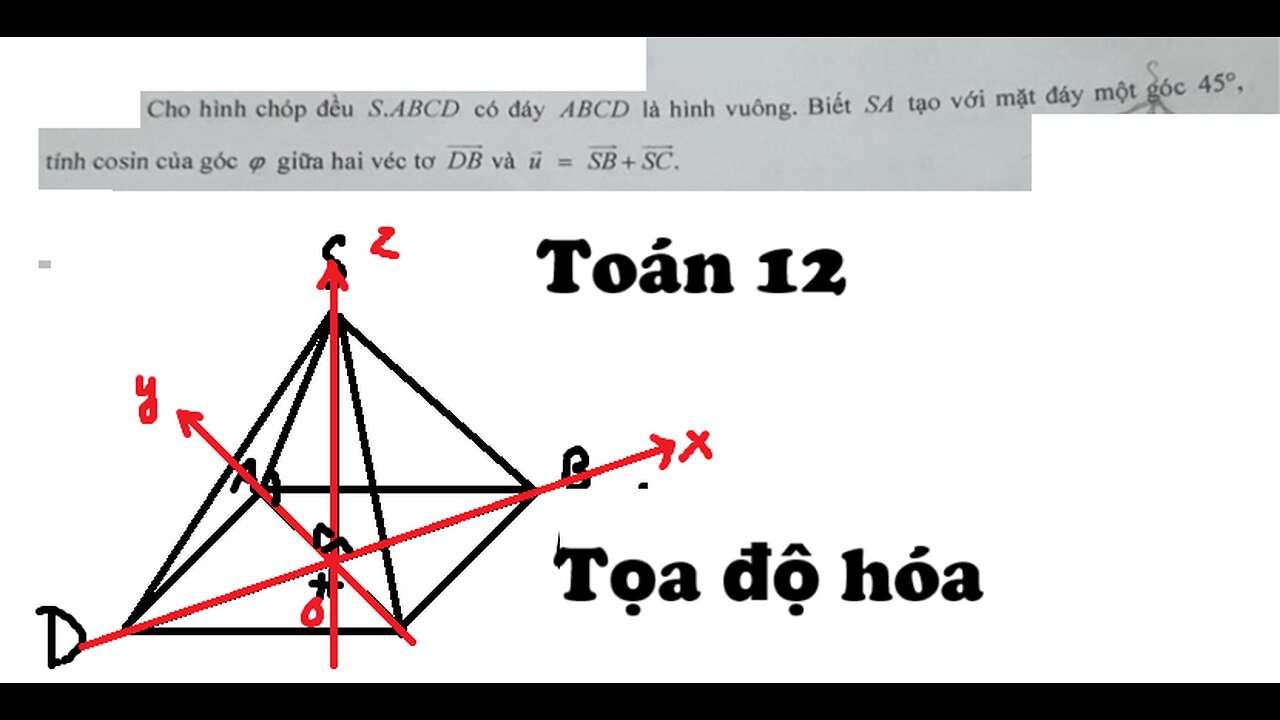 Toán 12: Cho hình chóp đều S.ABCD có đáy ABCD là hình vuông. Biết SA tạo với mặt đáy một góc 45o