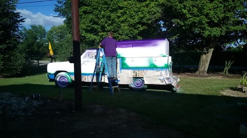 First coat of plum crazy purple metallic paint on a 1974 Dodge service truck