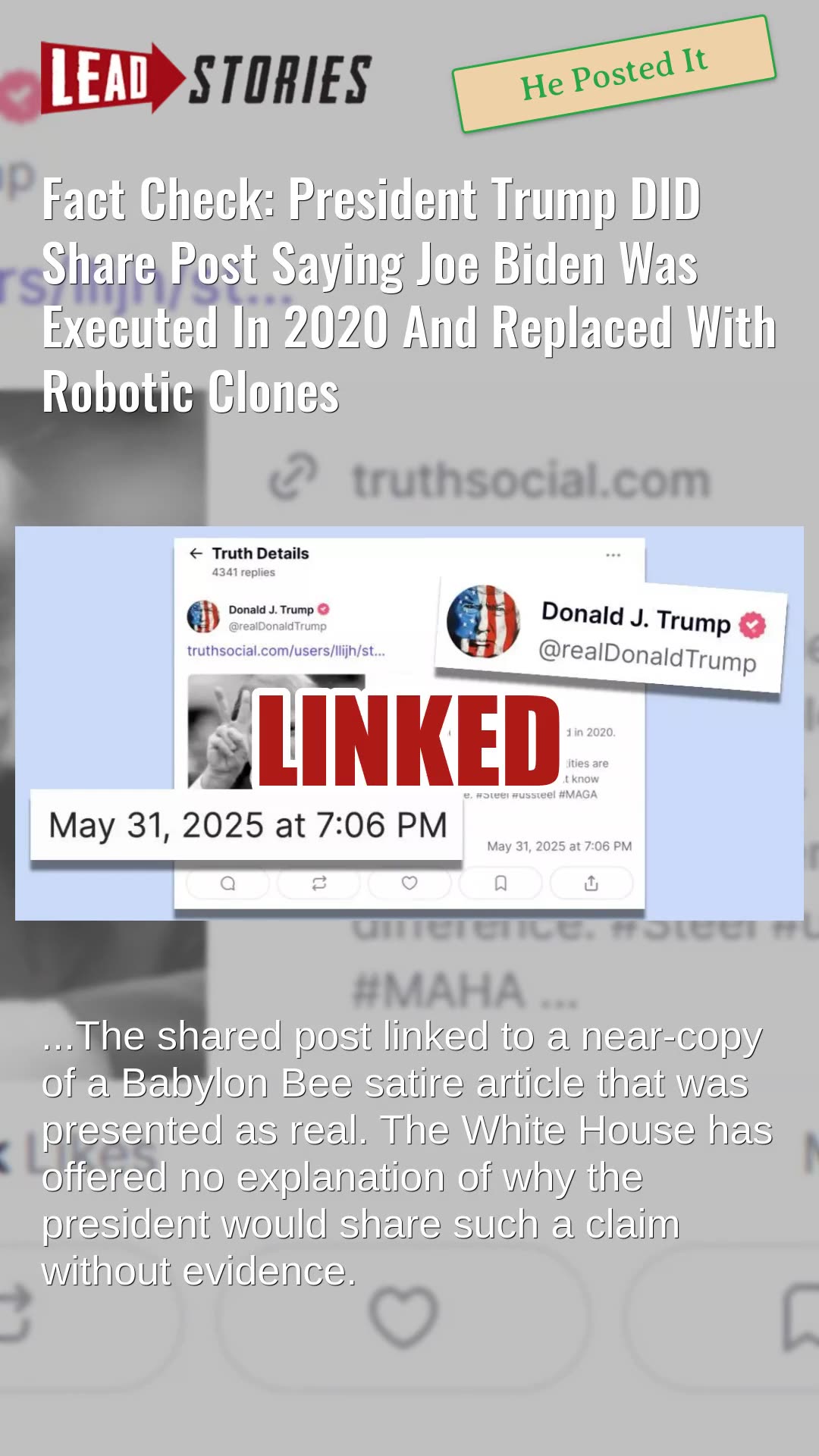Fact Check: Trump DID Share Post Saying Biden Was Executed In 2020 And Replaced With Robotic Clones