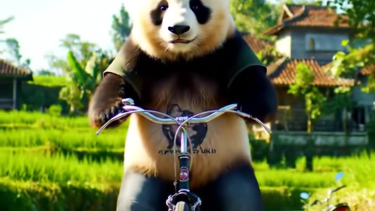 Panda panda is riding a bicycle