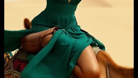 “Desert Divas: Glamorous Camel Ride in Emerald Elegance 🌵💚”
