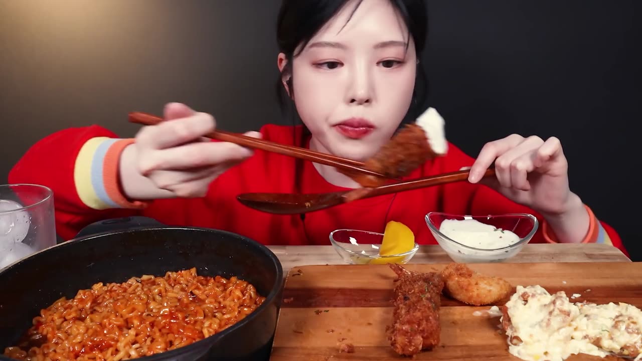 Spicy Buldak Ramen Soup with Cheese, Crispy Fried Shrimp, Croquettes and Fried Chicken Mukbang ASMR