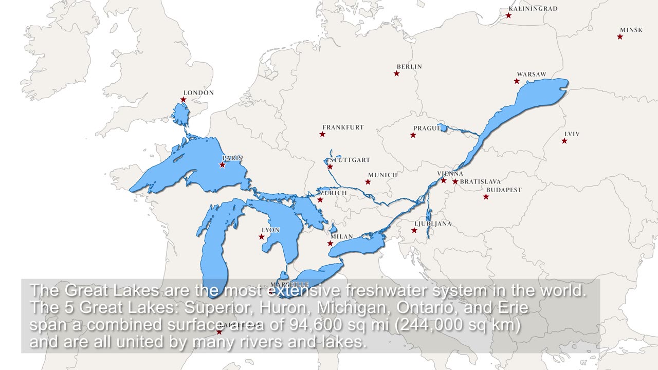 The Great Lakes and St. Lawrence River superimposed on a map of Europe, and other continents