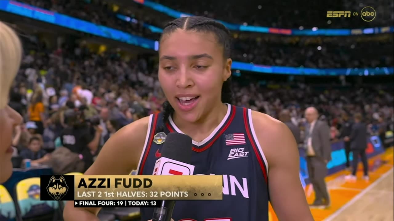 Azzi Fudd interview at halftime | National Championship, UConn Huskies vs South Carolina Gamecocks