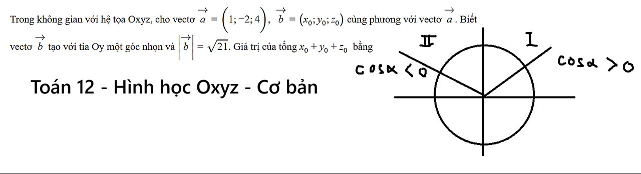 Trong không gian với hệ tọa độ Oxyz, cho vector a = (1;-2;4), b = (x0,y0,z0) cùng phương với vecto a