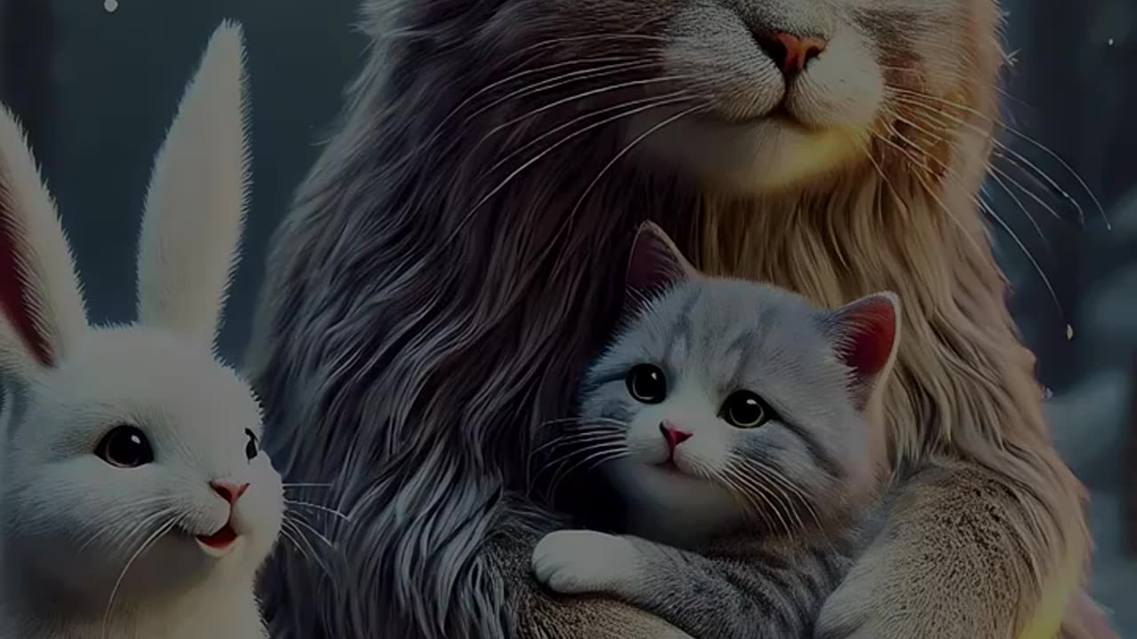 Cute rabbit helps poor hungry and cold kitten 🐰