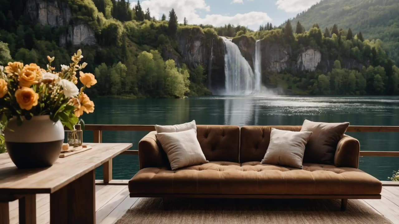 Ambient sounds of a Tranquil Waterfall & Birds at a lakeside cabin on a cool sunny day.🌲🏞️