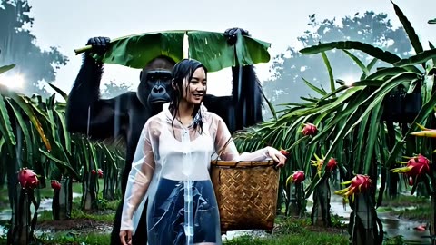 picking dragon fruit with gorillas