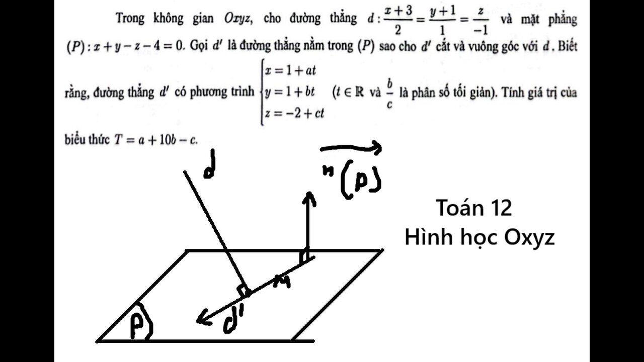 Sở Cần Thơ: Trong không gian Oxyz, cho đường thẳng d:(x+3)/2 = (y+1)/1 = z/-1 và mặt phẳng