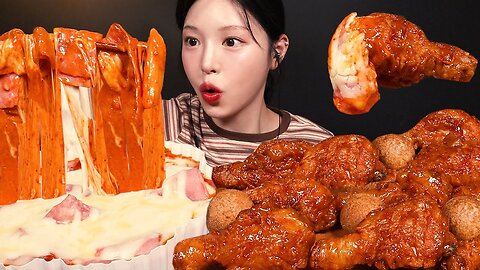 Spicy Cheese Rosé Tteokbokki with Crispy Gold Chicken Mukbang ASMR