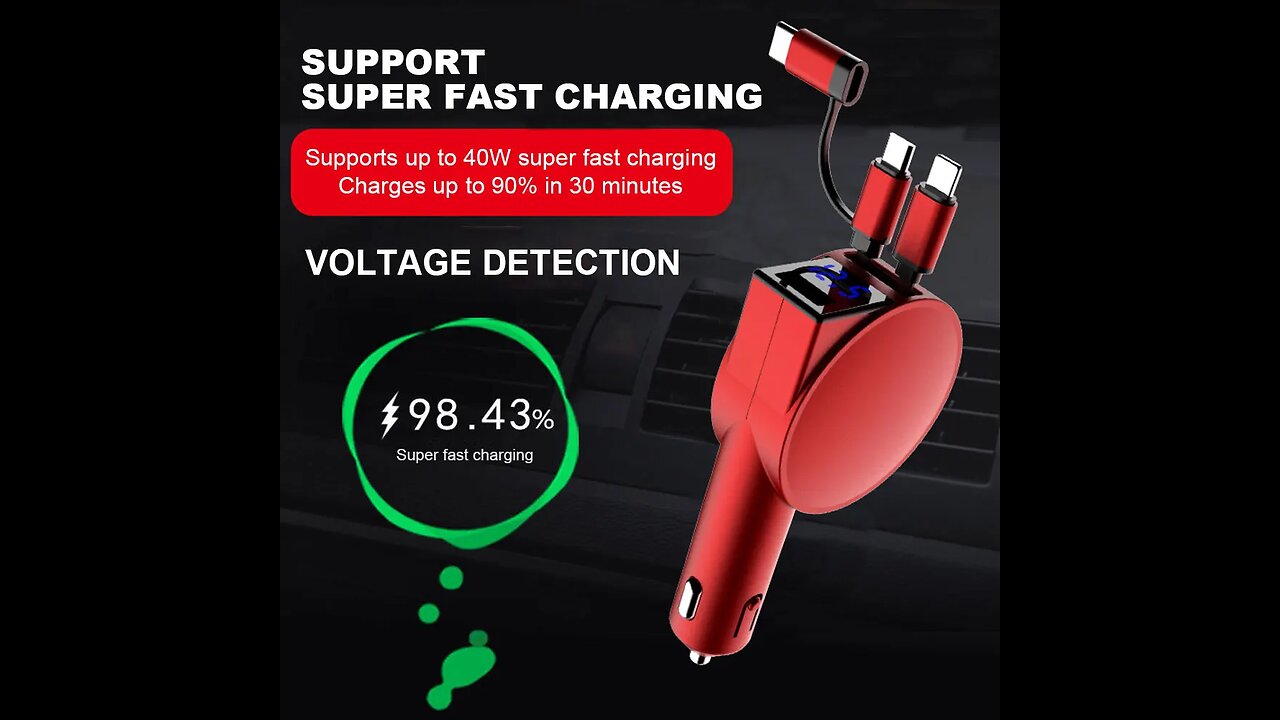 Car Charger Adapter Telescopic Cord 60W 3 in 1 Dual Port