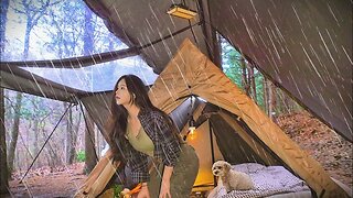 🌧Cozy tent in a large forest shelter in the spring rain ｜ Grilled fish and soju ｜ Salmon sushi