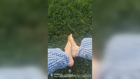 Getting grass stains on my bare soles of my feet Enjoying grounding in nature