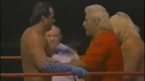 Brutus beefcake in blue tights/pants & blue gloves & Greg valentine vs. George wells & mike Saxton
