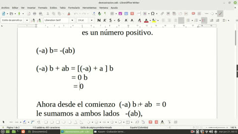 Demostración El producto de dos números negativos es un número positivo ( English)