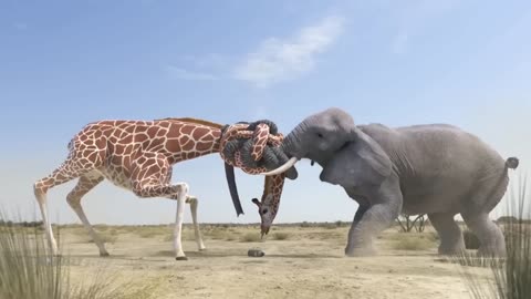 Giraffe fighting with elephant for water #