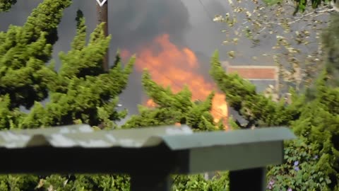 House rolls down hill as fireball.