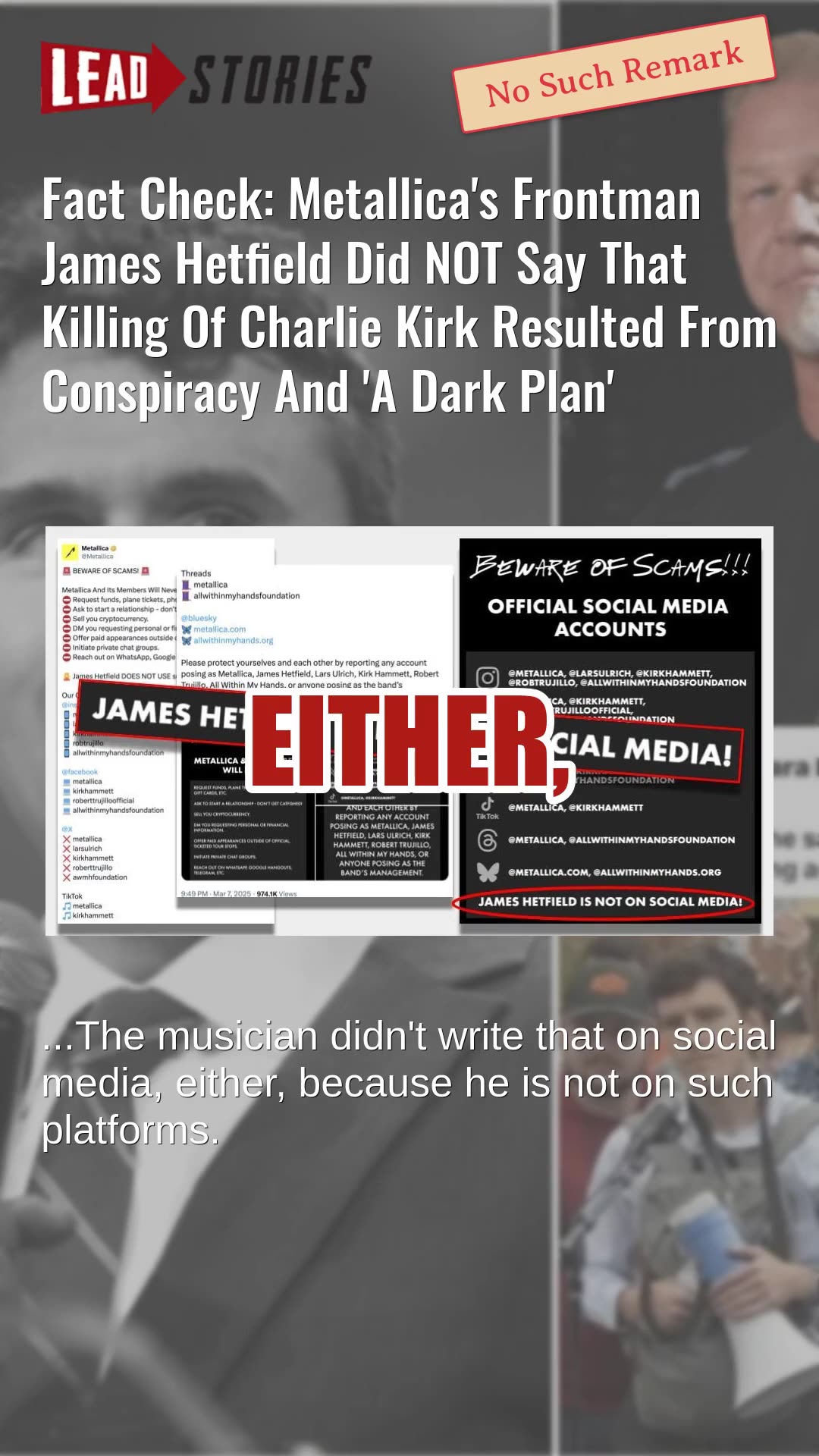 Fact Check: Metallicas James Hetfield Did NOT Say Killing Of Charlie Kirk Was Conspiracy Dark Plan