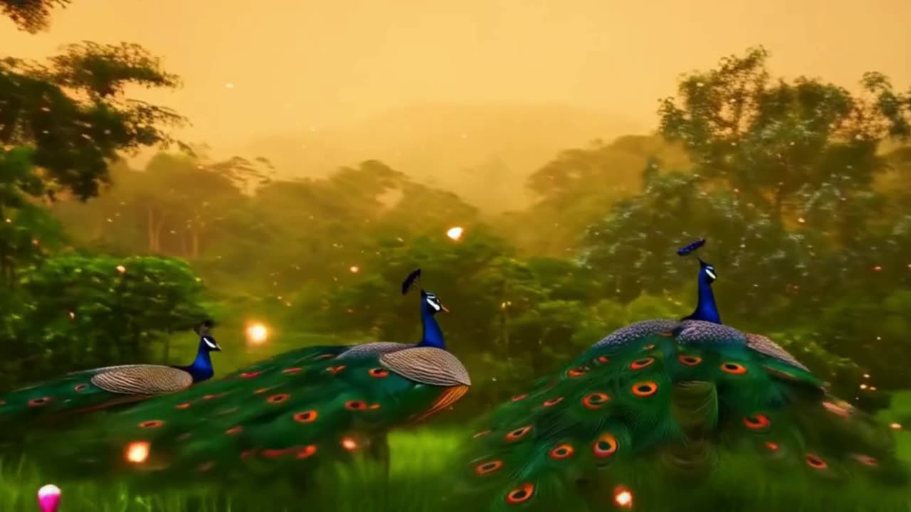 "Peacocks in Flight: Dancing Over the Hills"