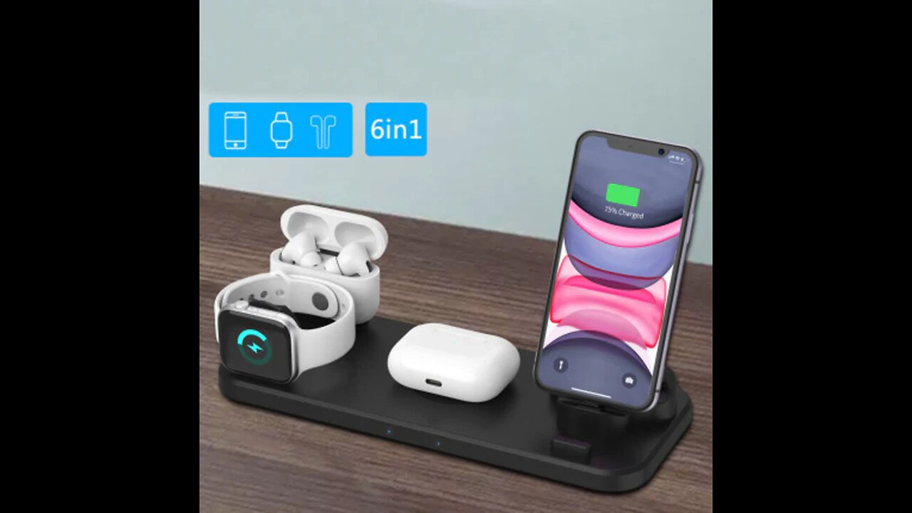 6-in-1 Qi-Certified QC3.0 Wireless Charging Station, with iWatch Holder, 360°Rotatable Design