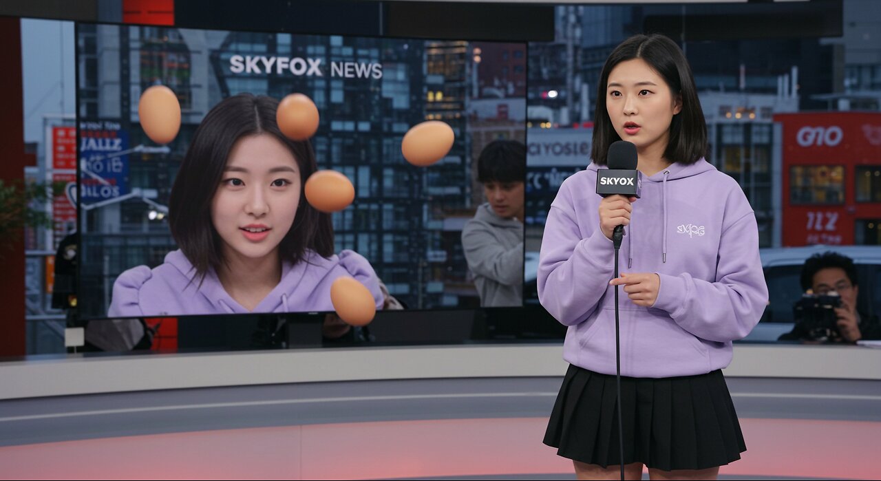 A East Asian Girl with a Micphone saying There is Falling Eggs in a Skyfoxs News