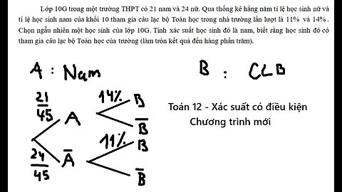 Sở Cà Mau: Lớp 10G trong một trường THPT có 21 nam và 24 nữ. Qua thống kê hằng năm tỉ lệ học