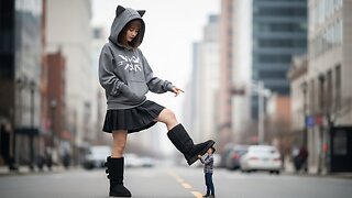 Giant East Asian girl with cat ear hoodie and black skirt also black ugg boot stomp